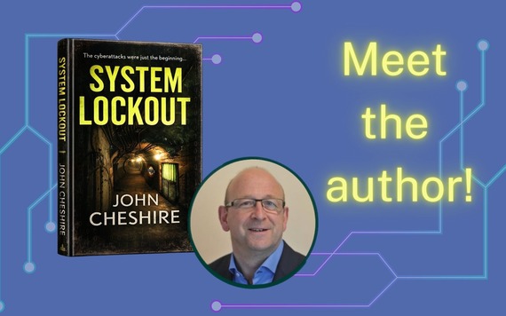 Meet the Author, blue back ground with white coding, an image of the author and their book System Lockout