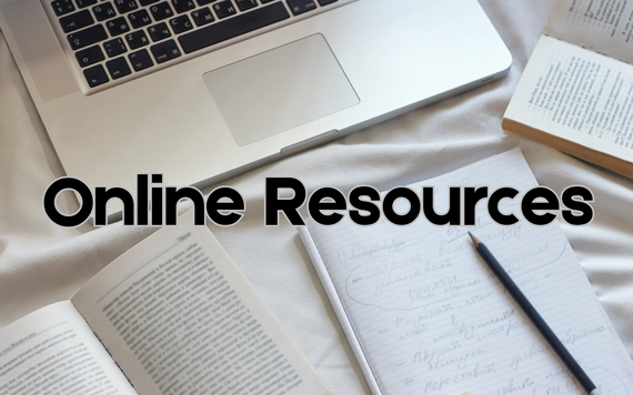 Online Resources, a laptop surrounded by notebooks, a book and a pen