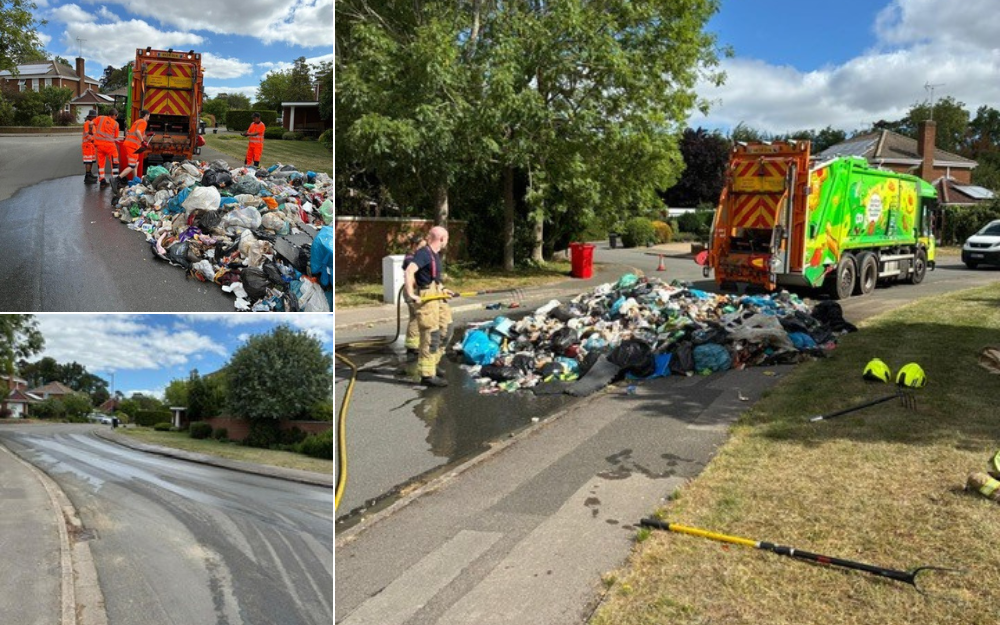 Waste collection crews and firefighters responding to a waste vehicle fire, followed by the road after it was cleaned and made safe.