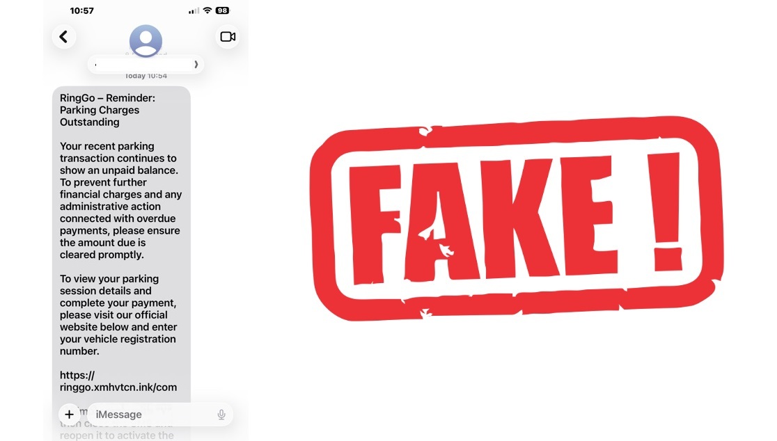 a screenshot of an SMS message that falsely claims to be from RingGo, requesting money