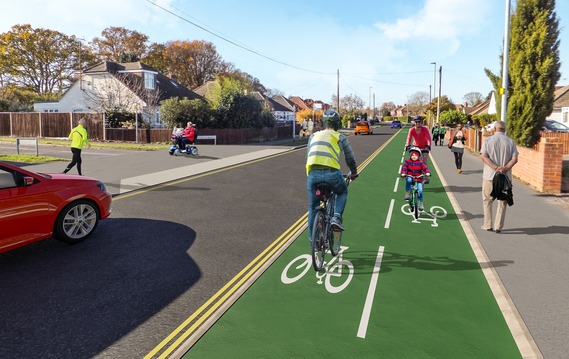 computer generated artwork showing a cyclist riding along the completed cycleway on the northern half of Woodlands Avenue