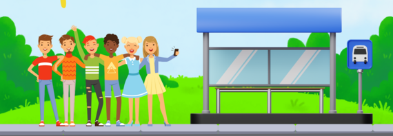 a cartoon of a group of teenagers waiting at a bus stop