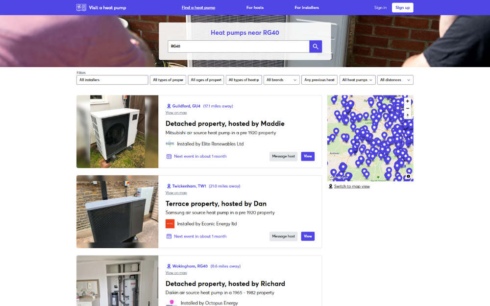 Visit a Heat Pump website showing nearby heat pump hosts available for visits and advice.