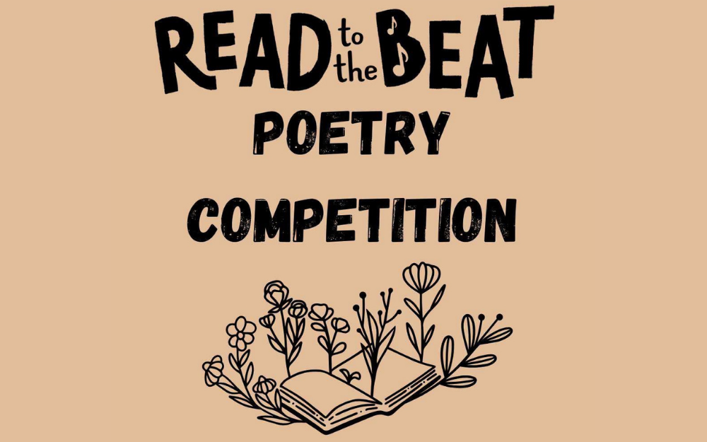 Read to the Beat poetry competition poster with an open book surrounded by flowers.