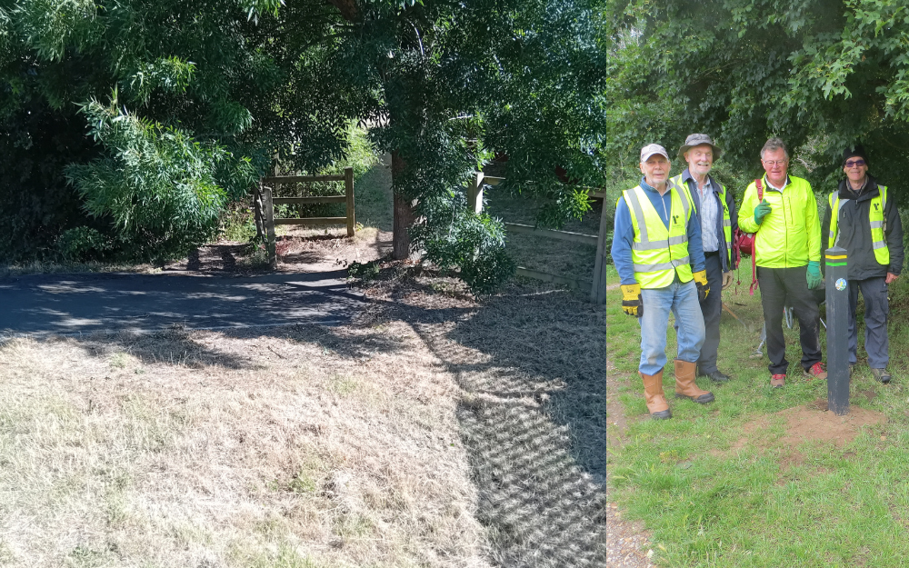 Volunteers and a woodland section of the newly signposted Lower Earley Green Corridor Trail.