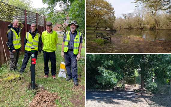 A photo of Loddon Valley Ramblers volunteers next to images from the trail: a bench next to a stretch of water and a stile