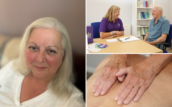 Jayne Traill pictures on the left. On the right, photos of volunteers helping cancer patients