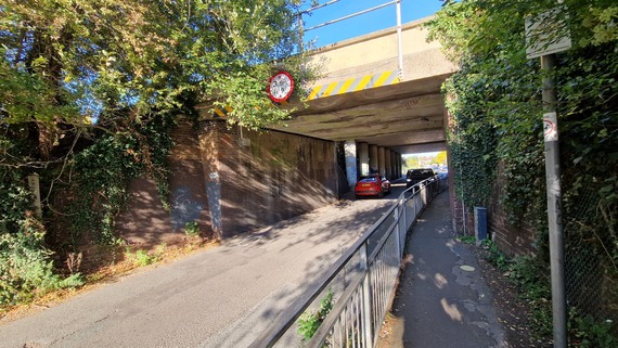 Culver Lane in Earley, at the point where it narrows at the entrance to the tunnel under the A3290 and railway