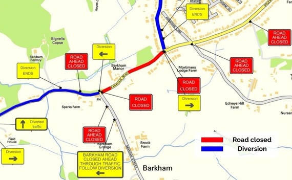 Diagram showing Thames Water's closure on Barkham Road, as outlined in the article below