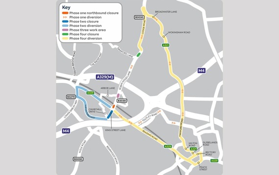 Diagram showing the SGN closures and diversions in Winnersh as described in the main article