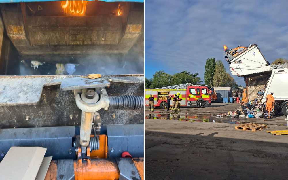 Fire crews attend after waste is tipped from a bin lorry following a fire in the vehicle's load.