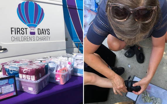 First Days Children's Charity van and a woman fitting a child with shoes
