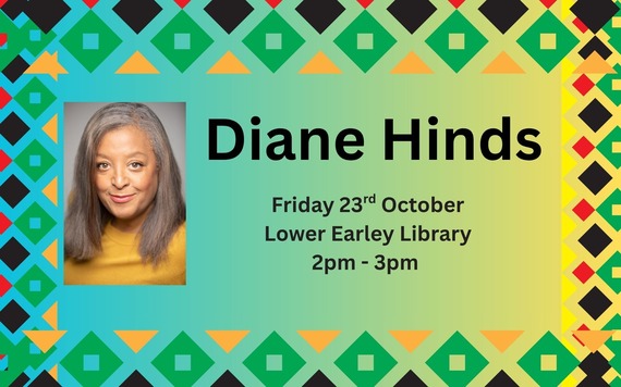 Diane Hinds, Author visit, Author profile photo with on a teal background with a black, yellow, red and green triangular border.
