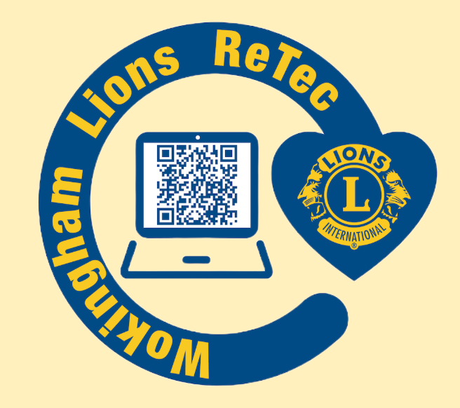 Retec, Retec logo is a blue arrow in a circle ending in a heart with the lions logo and a laptop in the centre with a QR code linking to their site