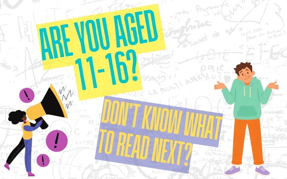 What to Read Next for Teens, image of two teenagers, one shrugging their shoulders, one with a magaphone, background of scribbled notes
