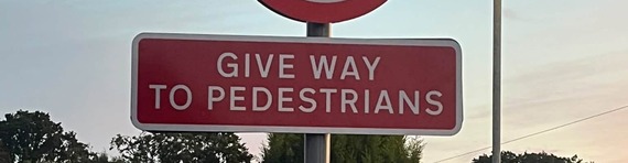 A sign affixed to a lamppost that says "Give way to pedestrians" beneath a 20mph sign