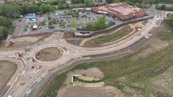Aerial view of a new roundabout and access road taking shape at Tesco off Finchampstead Road, Wokingham, in September 2026