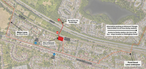 diagram showing the closure of Earley station footbridge and alternative routes, as outlined in the article below