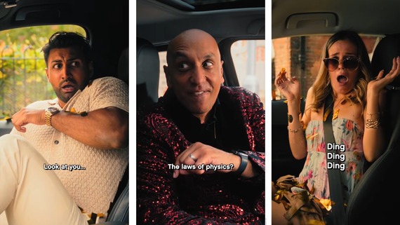 three images showing two shocked motorists in their driver's seats and a mysterious man warning them about driving errors