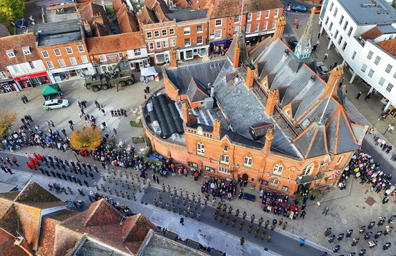aerial image of uniformed cadets gathered around Wokingham town hall, taken by Wokingham Aerial Photography