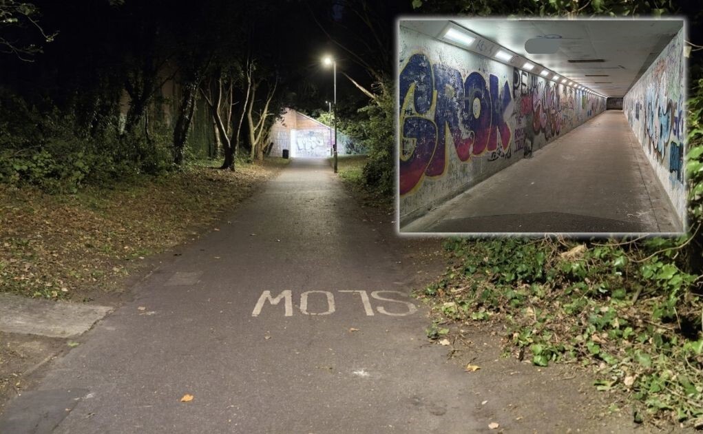 A well-lit path leading to an underpass of night, with inset image inside the underpass with all lights working and on