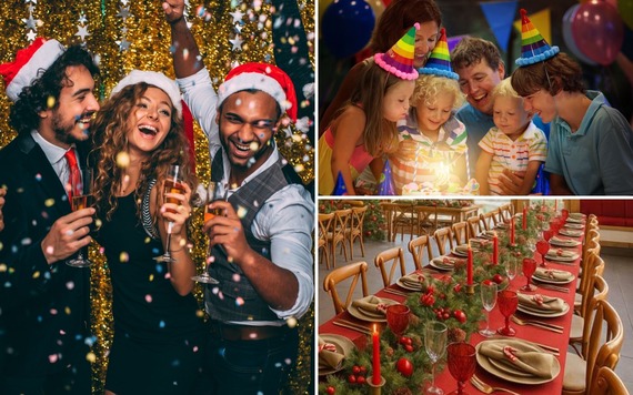 Collage of three pictures - office party, birthday party and Dinton christmas set up 
