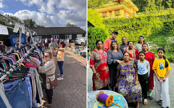 On the left, the clothing sale at the garden centre, with people picking clothing off of rails. On the right, the family in Nepal