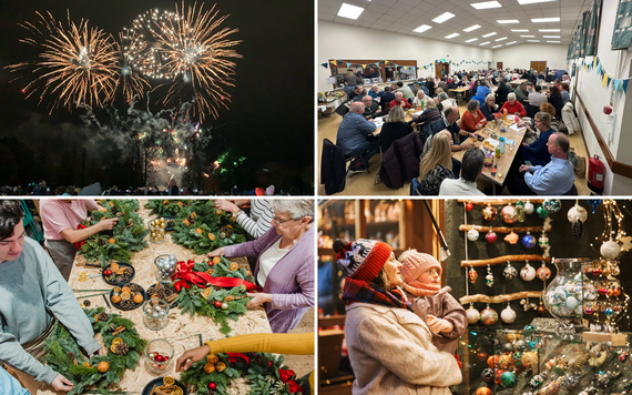 Pictures of fireworks, people sat at tables doing a quiz, wreath making and a market stall