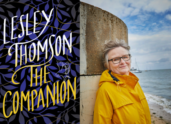 Photograph of author Lesley Thomson next to her latest book 'The Companion.'