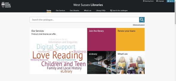 Screenshot of homepage of West Sussex Libraries website and catalogue