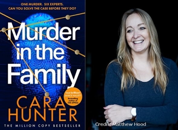 Image of the book jacket of 'Murder in the Family', next to a photo of the author, Cara Hunter.