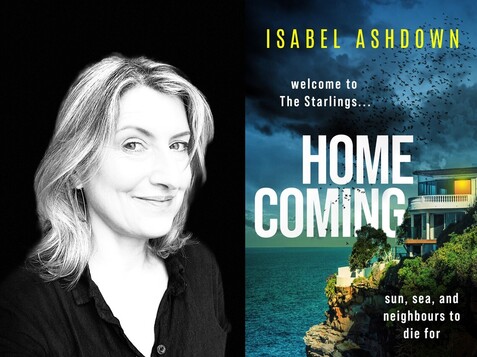 Photograph of author Isabel Ashdown, next to an image of her latest book 'Homecoming'.