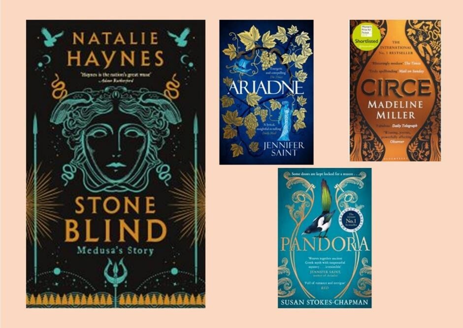 Graphic showing book covers of titles mentioned in the following article, including authors Natalie Haynes and Madeline Miller.