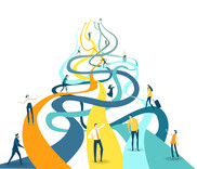 A number of blue, orange and yellow tangled paths with different figures following different routes