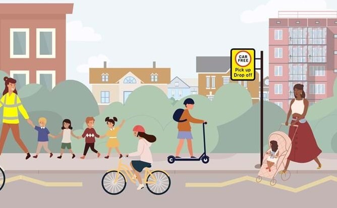 Animated - children walking and on bicycles in School Streets Trial area, adult pushing child in pram