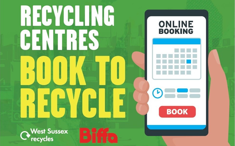 Book To Recycle with hand holding booking page on mobile phone screen, features Biffa and WS Recycles logos