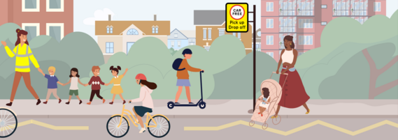 Parents and children walking and wheeling