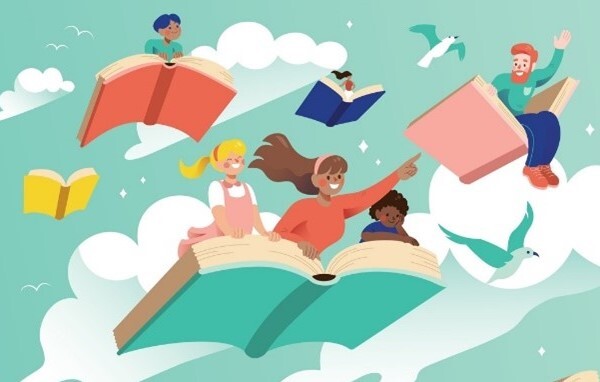 People sitting on flying books