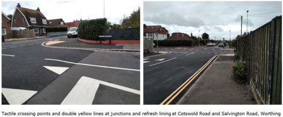 Tactile crossing points and double yellow lines at junctions and refresh lining at cotswold road and salvington road, worthing