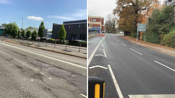 Before/After resurfacing at haslett avenue east and gatwick road roundabout, crawley.