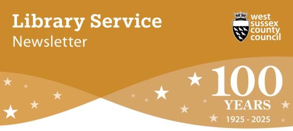 West Sussex Libraries logo on a gold background with fourteen stars