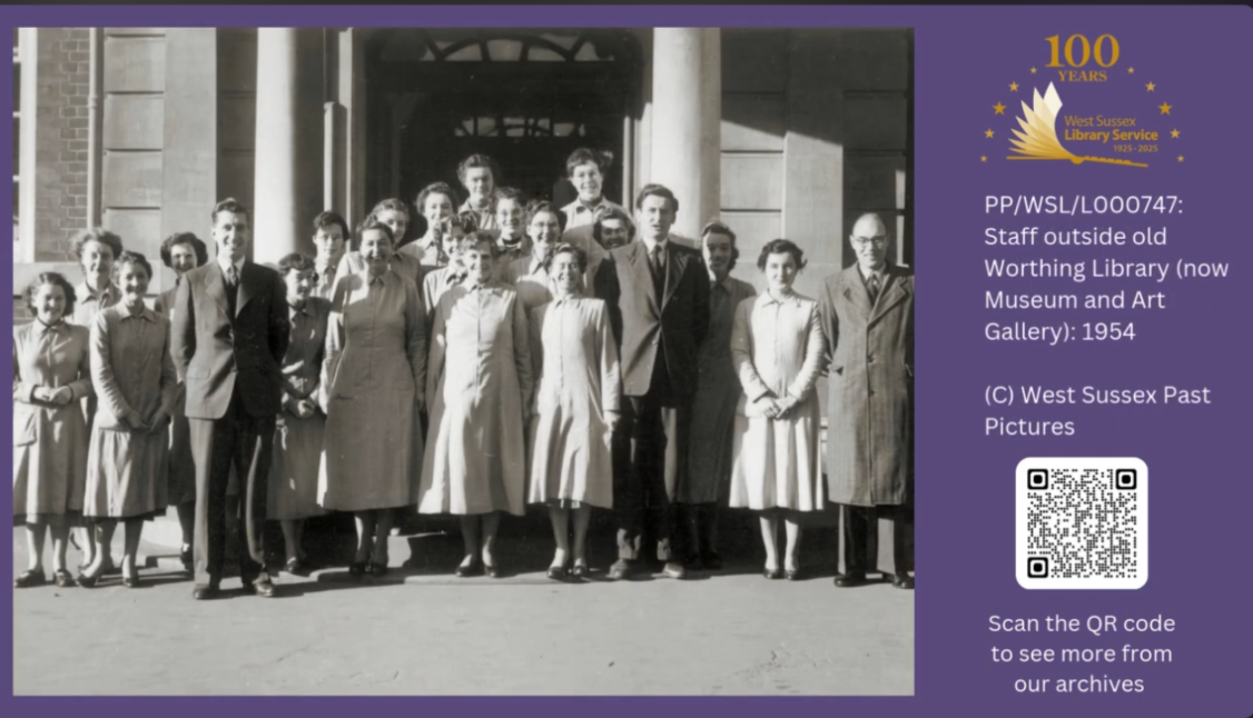 A group of librarians stood outside the original Worthing Library