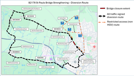 Diversion Map for road closure at St Paul's Road, Chichester