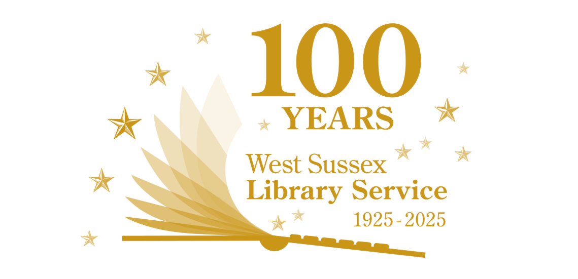 100 years West Sussex Library Service 1925-2025. Includes stars and the library service logo.
