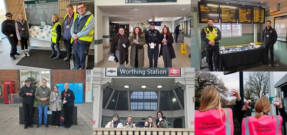 Montage of people handing out white knitted and crocheted hearts at train stations on White Ribbon Day