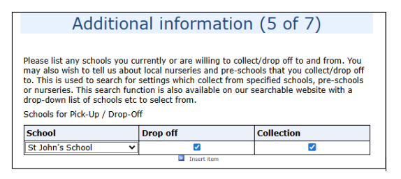 picture of page 5 to 7 of the termly provider update form showing where to update school pick ups and drop offs