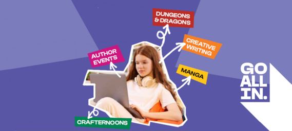 Go All In Festival at West Sussex libraries - designed image of a teenage girl using a laptop surrounded by ideas for creative activities