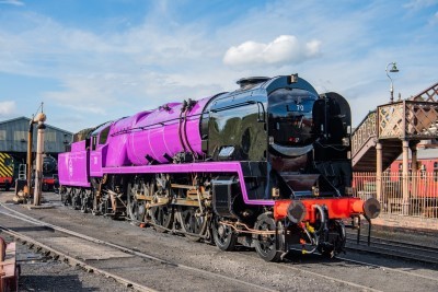 Steam train painted purple in a station