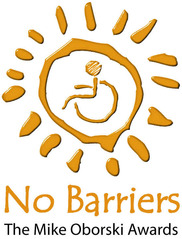 No Barriers Logo - a sunshine with an outline drawing of someone in a wheelchair
