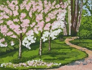 Painting of blossom trees in a garden